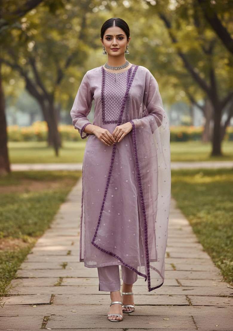 Purple Embroidered Oragnza Dress Material - Indya