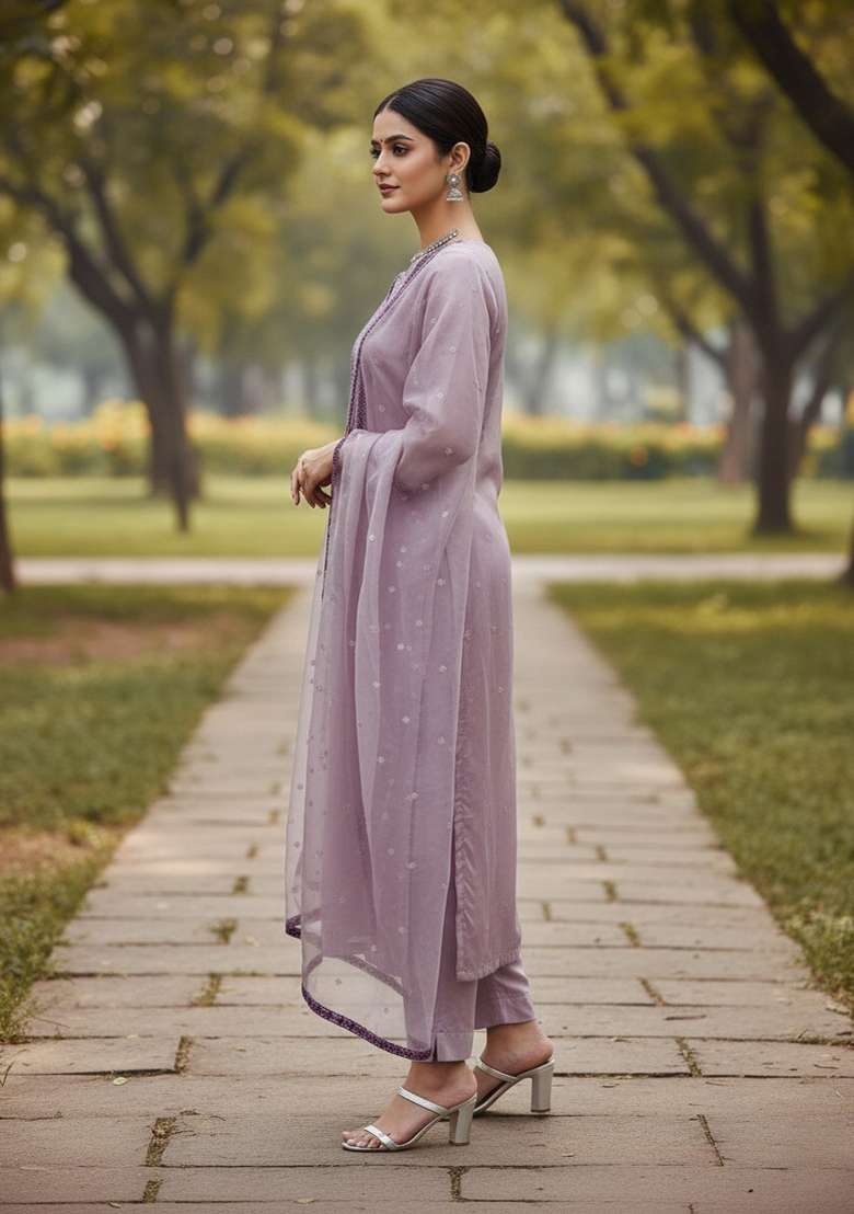 Purple Embroidered Oragnza Dress Material - Indya