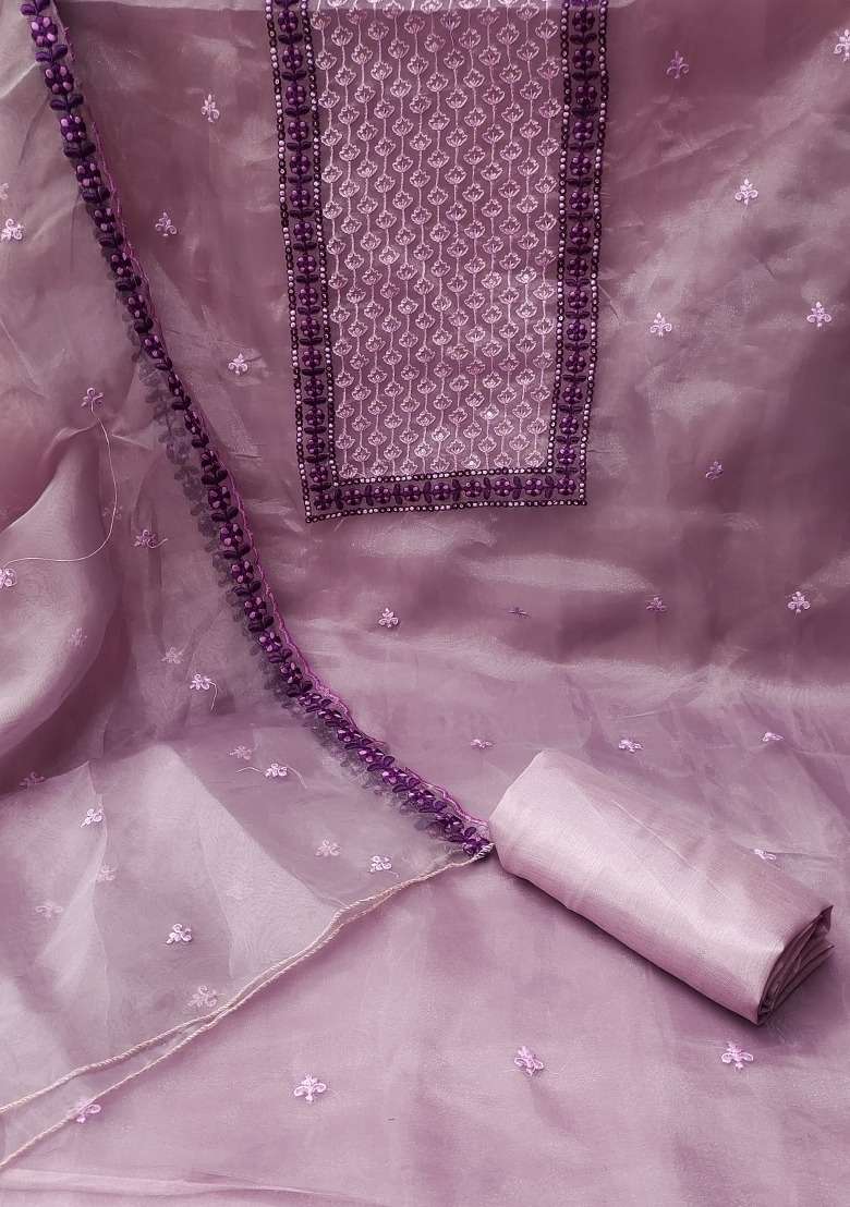 Purple Embroidered Oragnza Dress Material - Indya