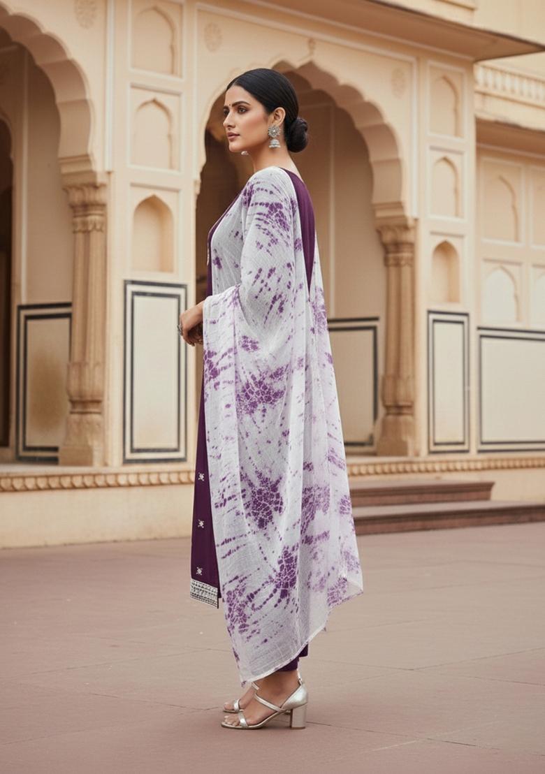 Magenta Embroidered Georgette Dress Material - Indya