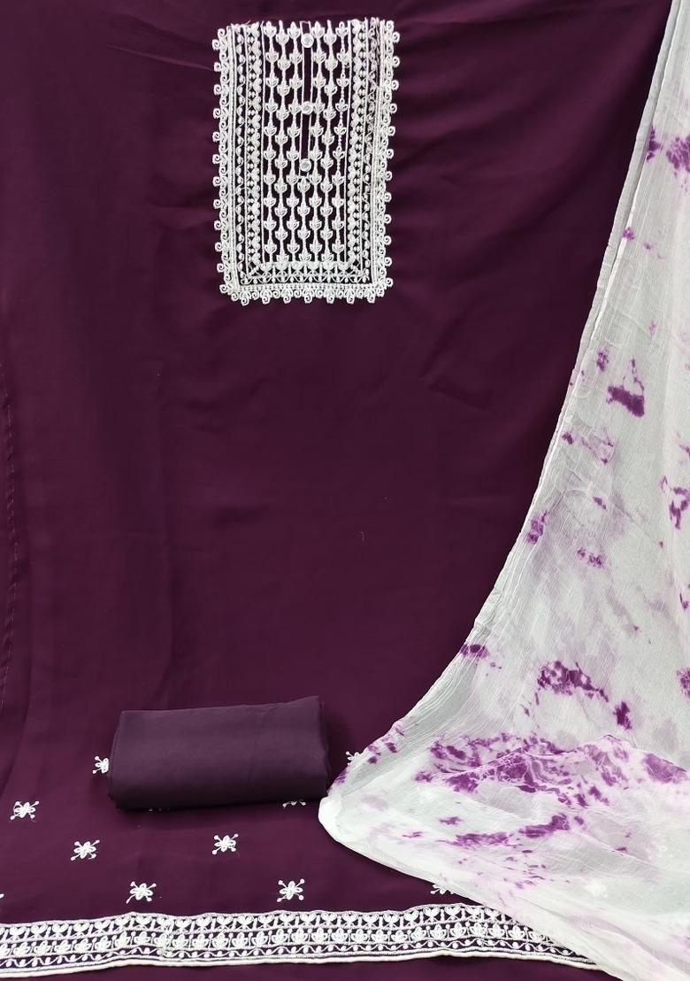 Magenta Embroidered Georgette Dress Material - Indya