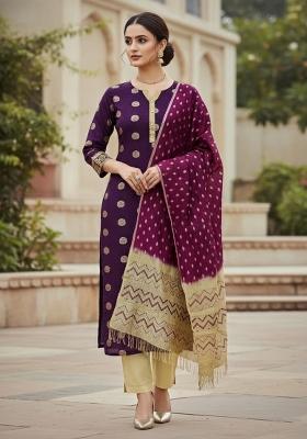 Magenta Embroidered Cotton Blend Dress Material
