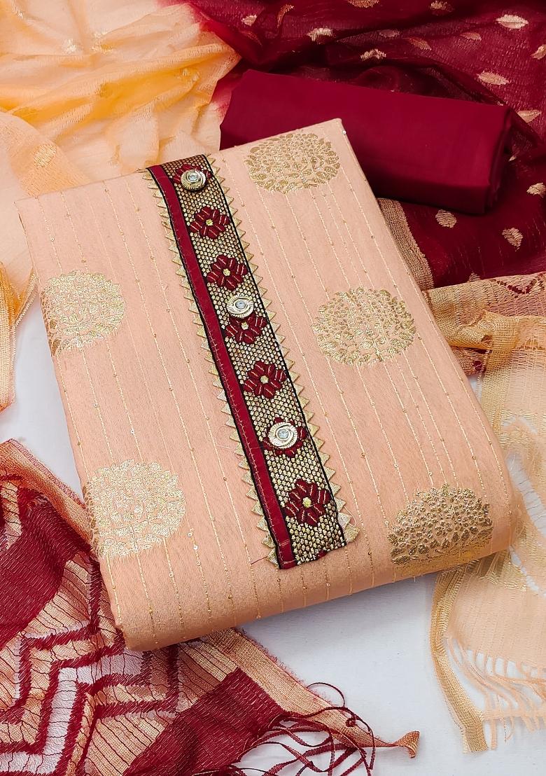 Peach Embroidered Cotton Blend Dress Material