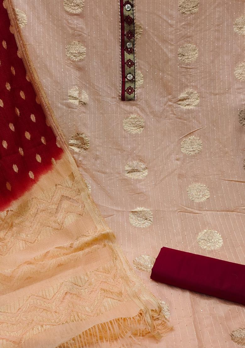 Peach Embroidered Cotton Blend Dress Material