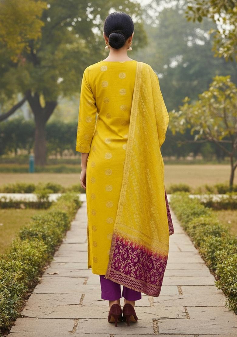 Yellow Embroidered Cotton Blend Dress Material - Indya