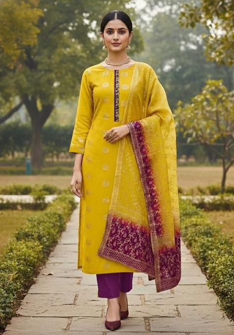 Yellow Embroidered Cotton Blend Dress Material