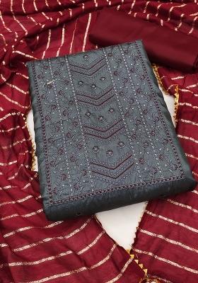 Grey Embroidered Silk Dress Material