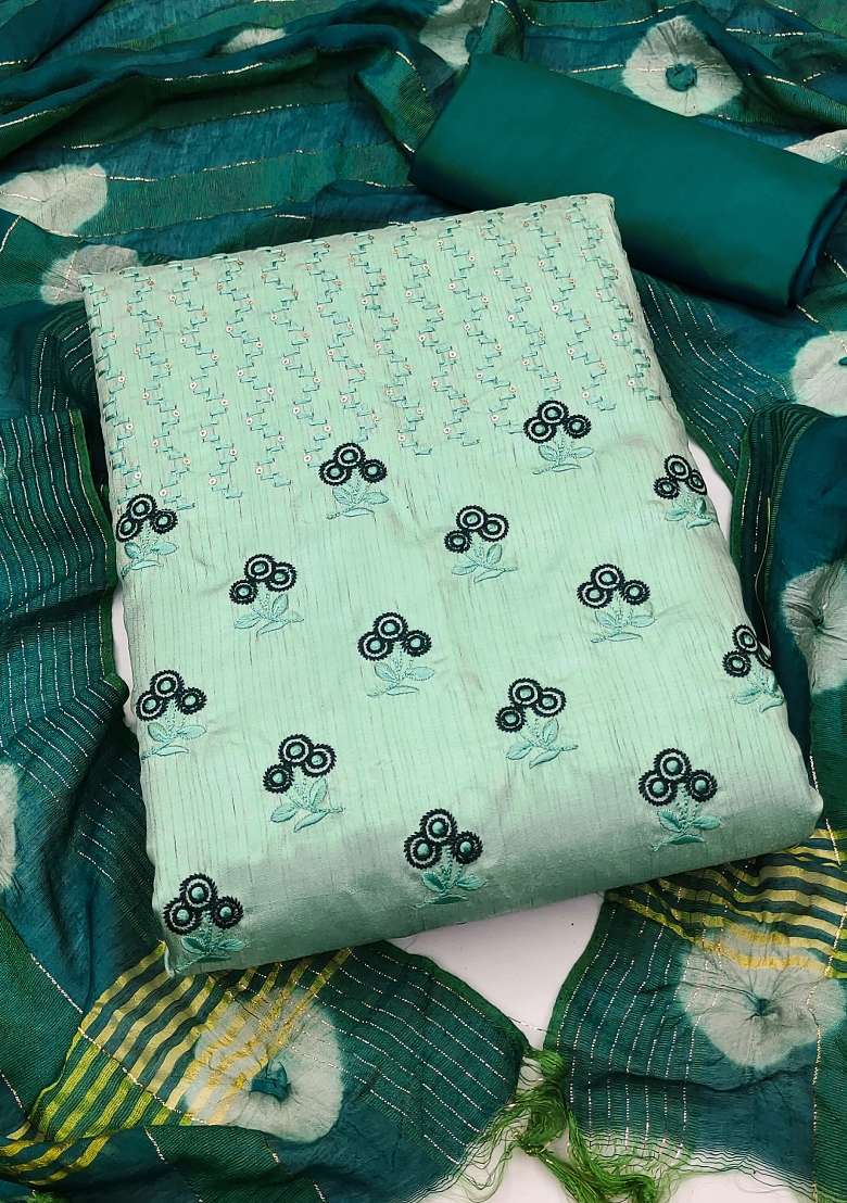 Sea Green Embroidered Silk Dress Material - Indya