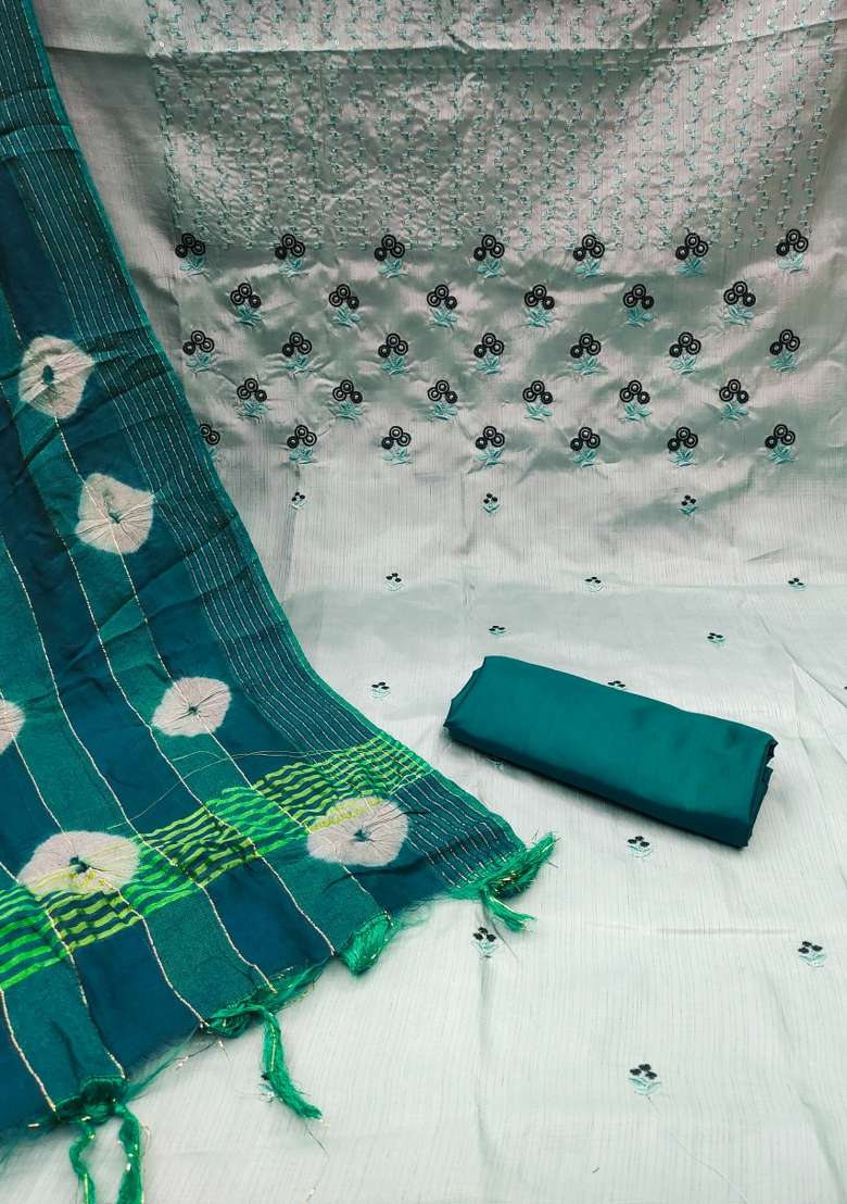 Sea Green Embroidered Silk Dress Material - Indya
