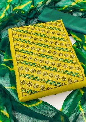 Yellow Embroidered Cotton Blend Dress Material