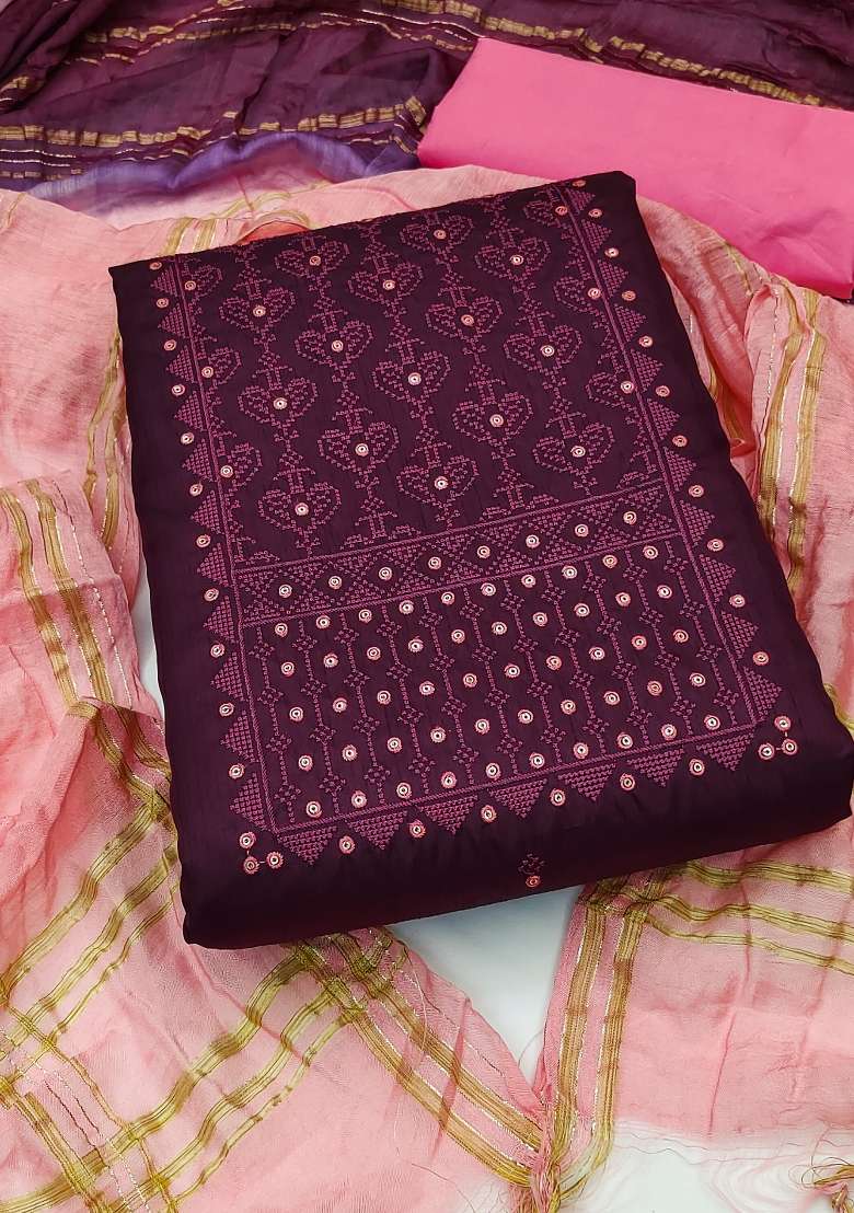 Purple Embroidered Silk Blend Punjabi Suit - Indya