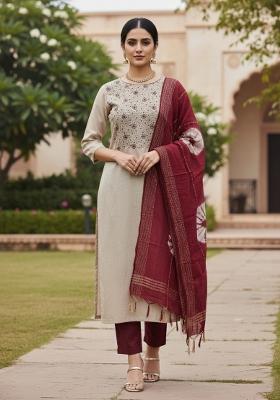 Beige Embroidered Silk Dress Material