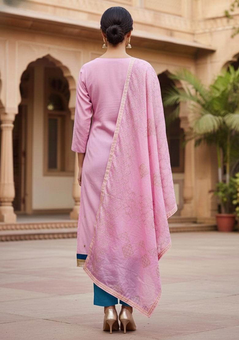 Pink Embroidered Cotton Blend Dress Material - Indya