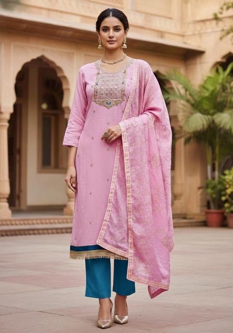 Pink Embroidered Cotton Blend Dress Material