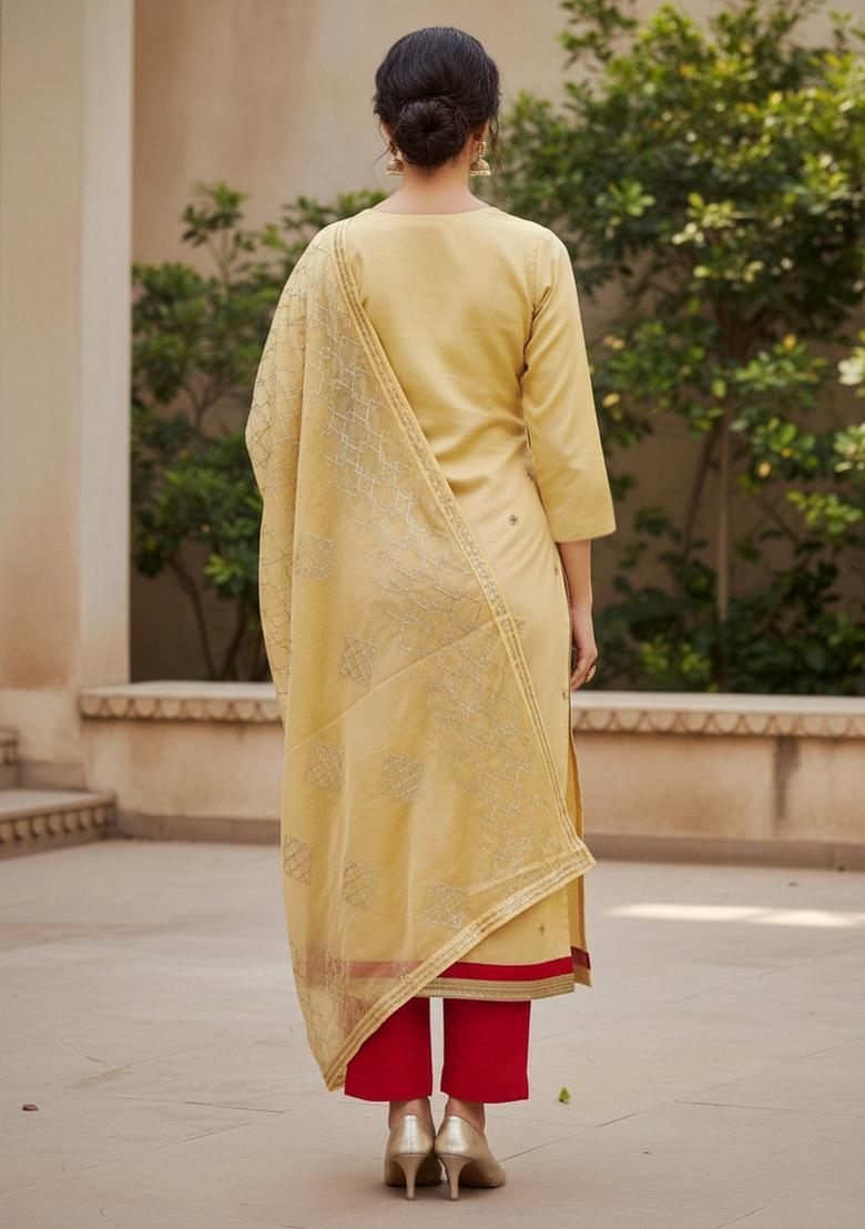 Yellow Embroidered Cotton Blend Dress Material - Indya