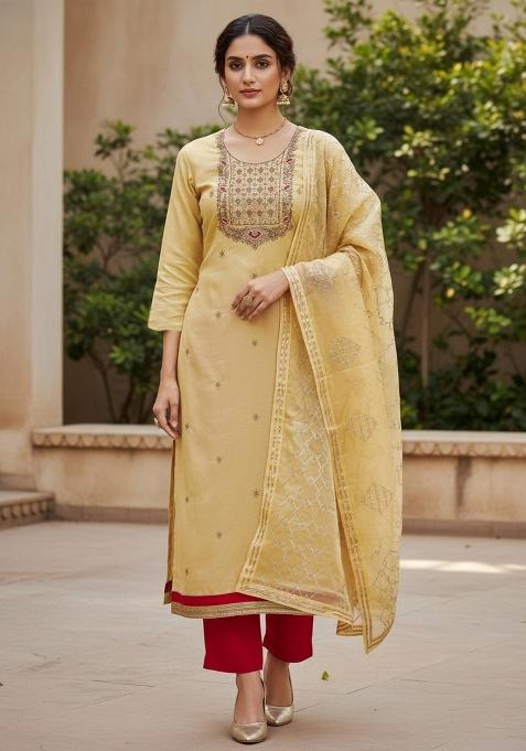 Yellow Embroidered Cotton Blend Dress Material
