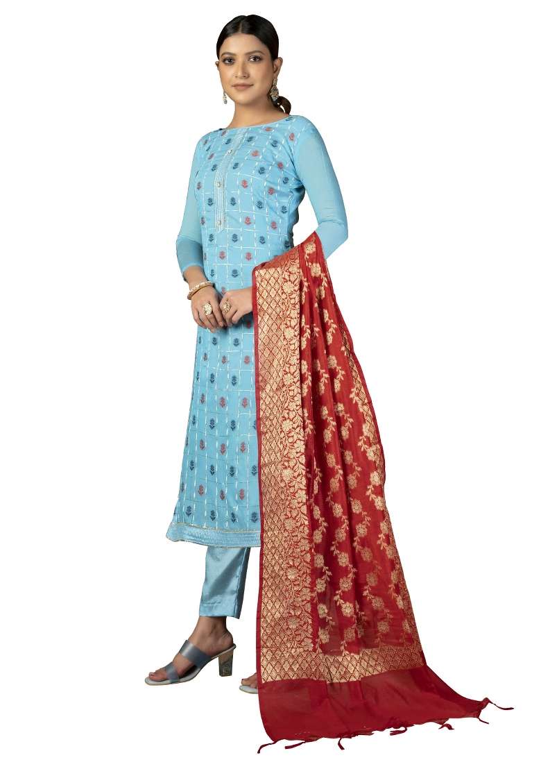 Sky Blue Embroidered Jacquard Dress Material - Indya