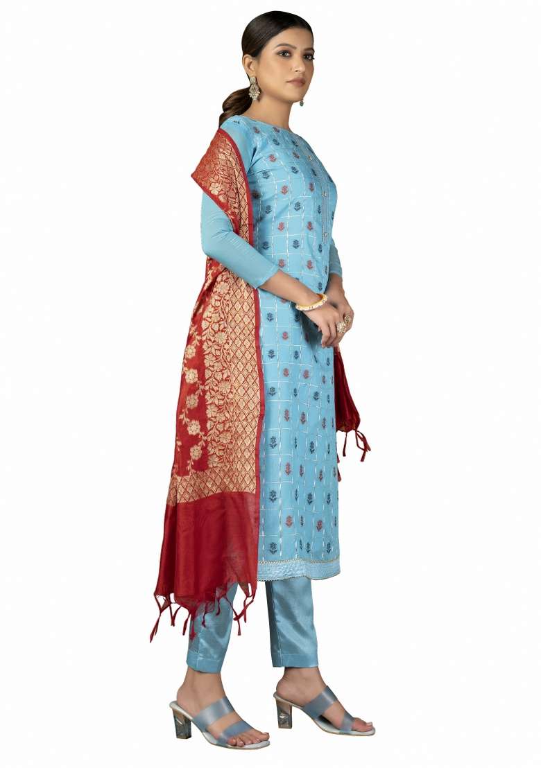 Sky Blue Embroidered Jacquard Dress Material - Indya