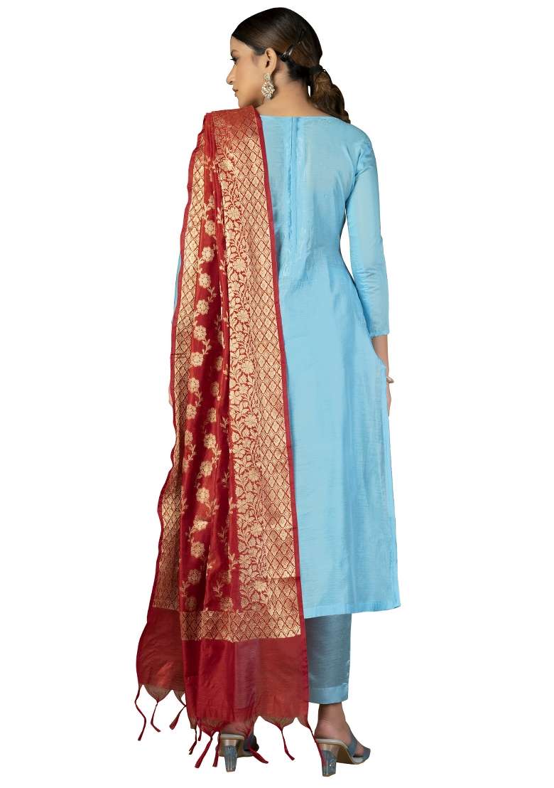 Sky Blue Embroidered Jacquard Dress Material - Indya
