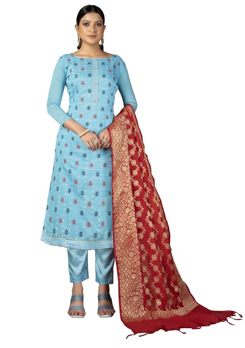 Sky Blue Embroidered Jacquard Dress Material - Indya