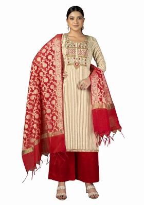 Beige Embroidered Cotton Blend Dress Material
