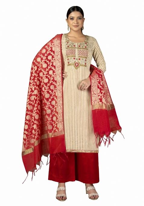 Beige Striped Blended Straight Kurta Set