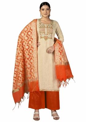 Beige Embroidered Cotton Blend Dress Material