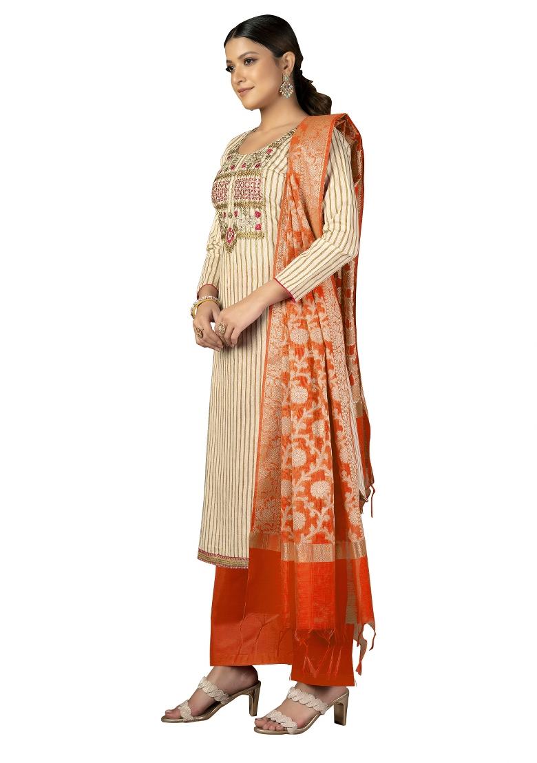 Beige Embroidered Cotton Blend Dress Material - Indya