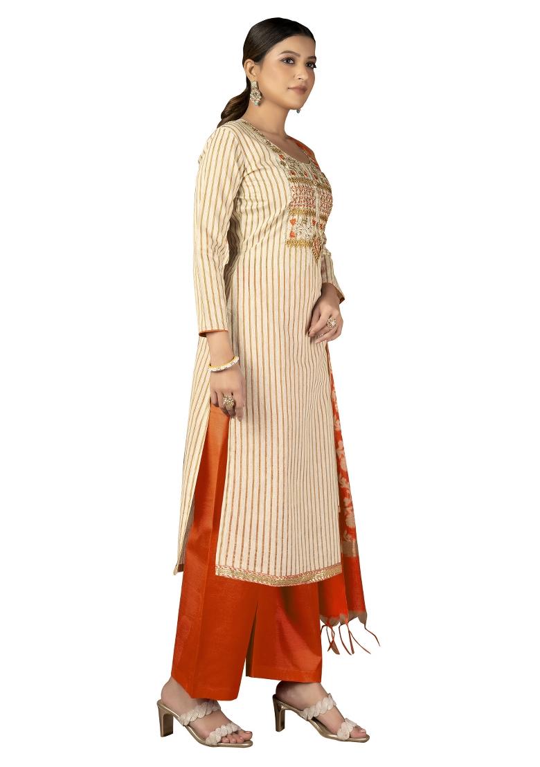 Beige Embroidered Cotton Blend Dress Material - Indya