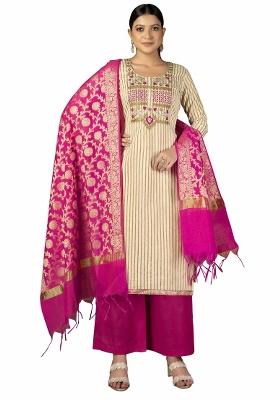 Beige Embroidered Cotton Blend Dress Material