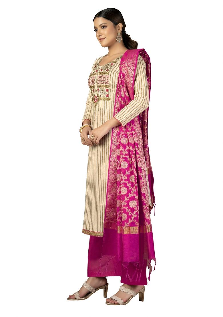 Beige Embroidered Cotton Blend Dress Material - Indya