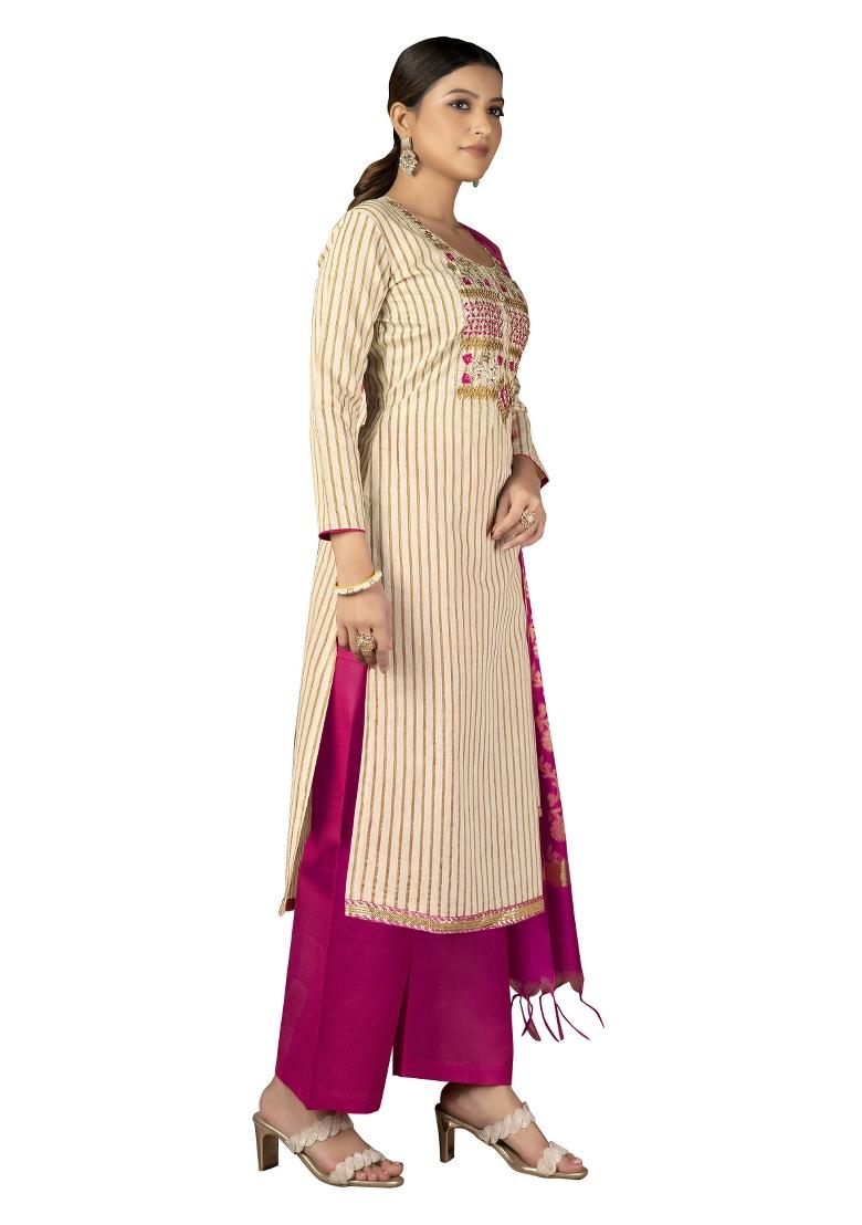Beige Embroidered Cotton Blend Dress Material - Indya
