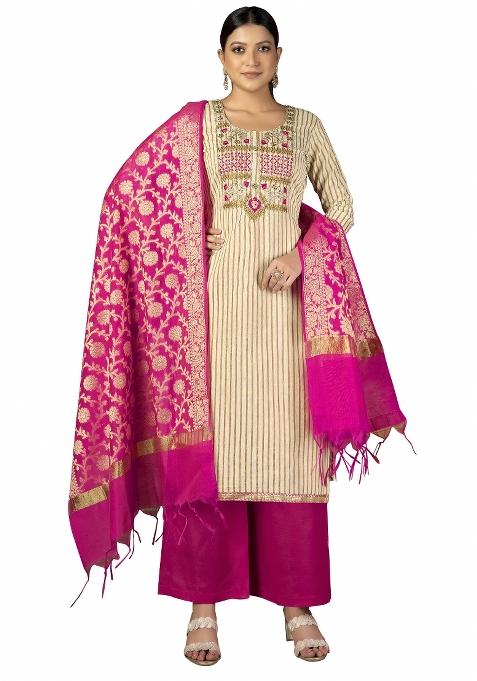 Beige Embroidered Cotton Blend Dress Material