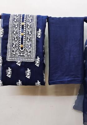 Blue Embroidered Oragnza Dress Material