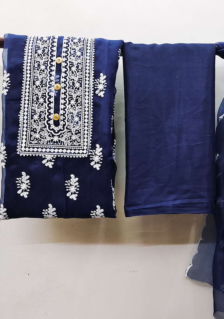 Blue Chikankari Organza Straight Kurta Set - Indya