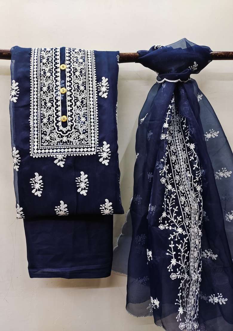Blue Chikankari Organza Straight Kurta Set - Indya