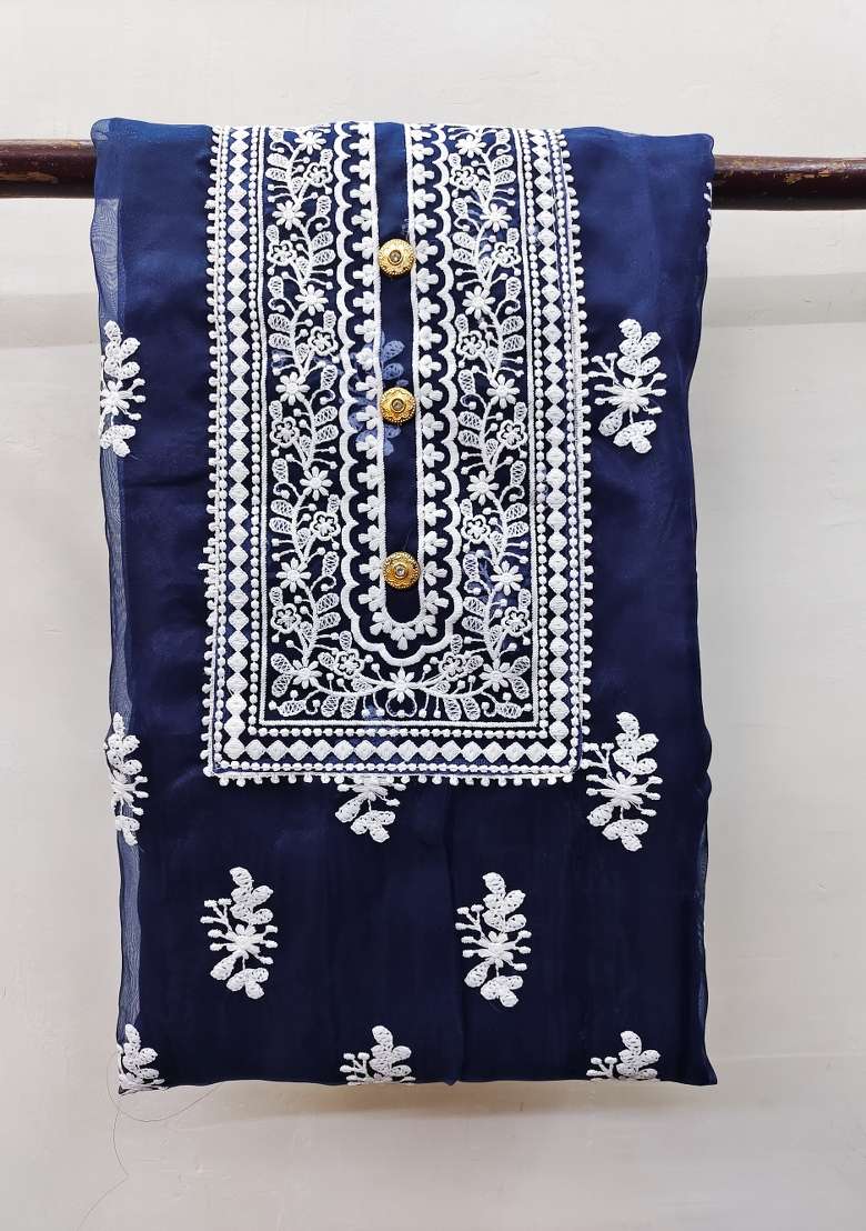 Blue Chikankari Organza Straight Kurta Set - Indya