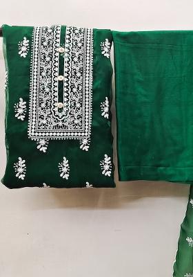 Green Embroidered Oragnza Dress Material