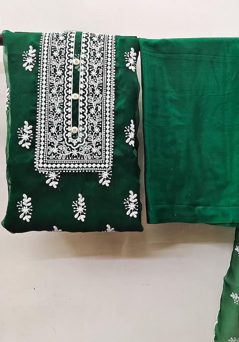 Green Embroidered Oragnza Dress Material