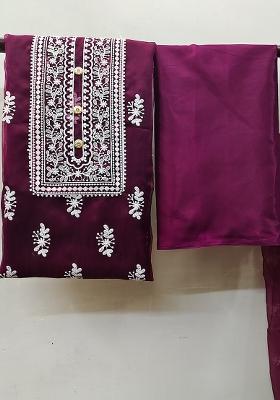 Magenta Embroidered Oragnza Dress Material