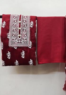 Maroon Embroidered Oragnza Dress Material