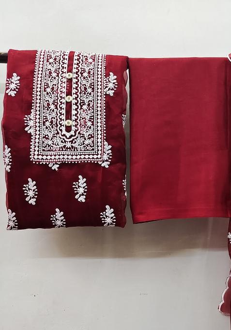 Maroon Embroidered Oragnza Dress Material