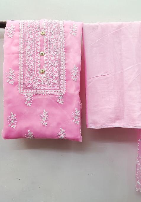Pink Chikankari Organza Straight Kurta Set