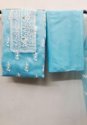 Sky Blue Embroidered Oragnza Dress Material
