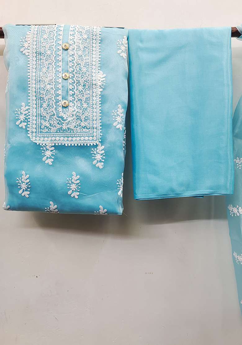 Sky Blue Embroidered Oragnza Dress Material - Indya