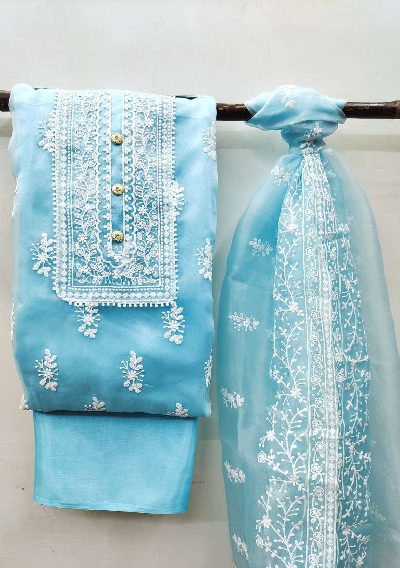 Sky Blue Embroidered Oragnza Dress Material - Indya