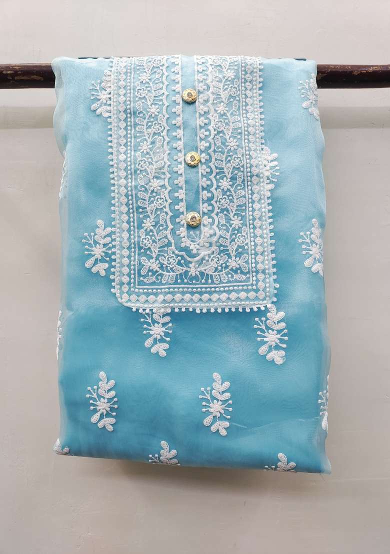 Sky Blue Embroidered Oragnza Dress Material - Indya