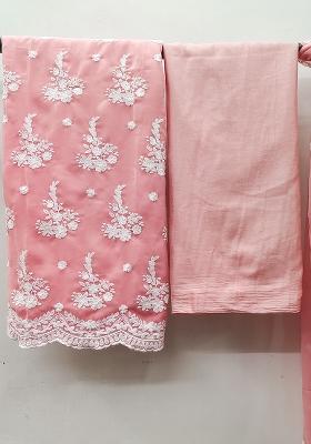 Peach Embroidered Georgette Dress Material