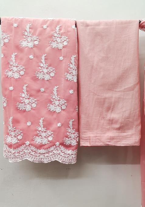 Peach Embroidered Georgette Dress Material