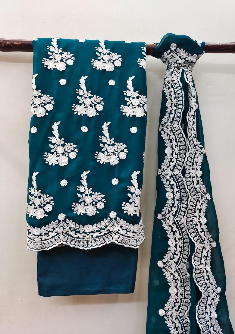 Teal Blue Embroidered Georgette Dress Material